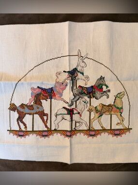 Hand Crafted Carousel Horses Cross-Stitch in Pink, Brown, Green, Gold, Blue